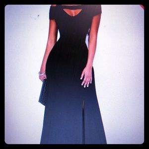 Side slit short sleeve black dress